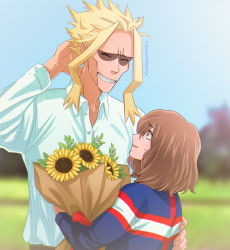 Rule 34 | 1boy, 1girl, arm behind head, blue shirt, blurry, blurry background, boku no hero academia, bouquet, brown hair, collared shirt, dress shirt, facing another, flower, grin, height difference, holding, holding bouquet, kamino girl (boku no hero academia), looking up, medium hair, multicolored shirt, parted lips, profile, red shirt, shirt, shirt tucked in, short hair, sidelocks, smile, sunflower, tears, teeth, trevo (trevoshere), twitter username, white shirt, yagi toshinori