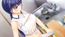 Rule 34 | 1girl, apron, asami asami, bare arms, blue hair, closed mouth, collarbone, collared shirt, cooking, fujisaki haruka, game cg, holding, holding knife, indoors, kitchen, knife, long hair, low ponytail, natural vacation, purple eyes, shirt, sleeveless, sleeveless shirt, smile, solo, standing, upper body, white apron, white shirt, wing collar
