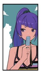 Rule 34 | 1girl, aqua sky, bikini, breasts, cleavage, cloud, cloudy sky, copyright request, covering own mouth, diagonal bangs, earrings, food, highres, holding, holding food, jewelry, ka3ann, long hair, medium breasts, ponytail, popsicle, purple eyes, purple hair, sky, solo, swimsuit, upper body