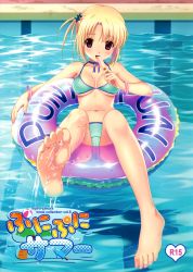 Rule 34 | 1girl, afloat, barefoot, bikini, blonde hair, blush, bracelet, breasts, cameltoe, choker, cleavage, cover, cover page, dripping, feet, food, foot focus, foreshortening, highres, innertube, jewelry, koutaro, long toenails, looking at viewer, medium breasts, non-web source, original, pool, popsicle, red eyes, short hair, skindentation, soles, solo, splashing, swim ring, swimsuit, toenails, toes, underboob, water