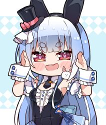 Rule 34 | 1girl, :d, animal ears, black hat, blue hair, blunt bangs, blush stickers, center frills, chibi, commentary, detached sleeves, don-chan (usada pekora), english commentary, fake animal ears, frills, hat, highres, hololive, kukie-nyan, long hair, looking at viewer, mini hat, mini top hat, multicolored hair, official alternate costume, official alternate hairstyle, open mouth, puffy detached sleeves, puffy short sleeves, puffy sleeves, rabbit-shaped pupils, rabbit ears, rabbit pose, red eyes, short eyebrows, short sleeves, skin tight, smile, smug, solo, streaked hair, symbol-shaped pupils, teeth, thick eyebrows, top hat, two-tone hair, upper teeth only, usada pekora, usada pekora (furi furi bunny dress), v-shaped eyebrows, virtual youtuber, white hair, white sleeves, wrist cuffs