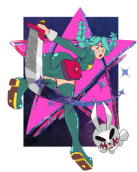 Rule 34 | 1girl, annie (skullgirls), ass, belt, belt pouch, boots, braid, eyepatch, from behind, green hair, highres, holding, holding sword, holding weapon, looking back, open mouth, pouch, purple background, sagan (skullgirls), skullgirls, sword, thigh boots, thighhighs, twin braids, weapon, yellow eyes
