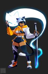 Rule 34 | 1girl, absurdres, animal ears, beanie, black choker, black gloves, black hair, black nails, black thighhighs, blue eyes, breasts, buttons, cat ears, cat girl, cat tail, choker, claws, cleavage, clothing request, fang, film grain, fingerless gloves, fingernails, gloves, glowing, glowing sword, glowing weapon, grey background, grey footwear, grey hat, grey hoodie, hair between eyes, hat, highres, holding, holding sword, holding weapon, hood, hood down, hoodie, katana, long fingernails, multicolored clothes, multicolored footwear, multicolored gloves, nail polish, open mouth, orange eyes, orange footwear, orange gloves, orange hoodie, original, petting, sharp fingernails, short hair, signature, simple background, sleeves past wrists, slit pupils, spirit, standing, sword, tail, thighhighs, tongue, twitter username, two-tone gloves, ueko (ueko t), very long fingernails, weapon