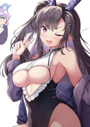 Rule 34 | 2girls, ;d, absurdres, azur lane, bare shoulders, black hair, black leotard, blush, blush stickers, breasts, chibi, cleavage, commentary request, covered navel, fang, frilled leotard, frills, groin, hand up, highres, jacket, leotard, long hair, long sleeves, medium breasts, moyoron, multicolored hair, multiple girls, off shoulder, one eye closed, one side up, open clothes, open jacket, open mouth, pamiat merkuria (azur lane), peeking out, purple eyes, purple hair, purple jacket, simple background, smile, solo focus, tashkent (azur lane), two-tone hair, underboob, v, v-shaped eyebrows, very long hair, white background