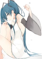Rule 34 | 1girl, aqua eyes, aqua hair, blush, detached sleeves, from side, hair ornament, hatsune miku, knees to chest, knees up, long hair, looking at viewer, lpip, no bra, parted lips, profile, sleeveless, solo, twintails, very long hair, vocaloid