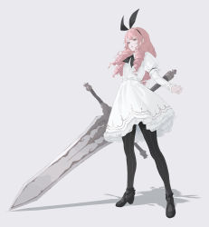 Rule 34 | 1girl, absurdres, black footwear, black hairband, black pantyhose, black ribbon, blonde hair, brown eyes, dress, drill hair, erospanda, full body, greatsword, hairband, high heels, highres, holding, holding sword, holding weapon, layered sleeves, long hair, long sleeves, neck ribbon, open mouth, original, pantyhose, puffy short sleeves, puffy sleeves, ribbon, short over long sleeves, short sleeves, simple background, solo, standing, striped clothes, striped pantyhose, sword, twin drills, weapon, white background, white dress