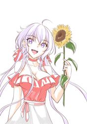 Rule 34 | 1girl, ahoge, arm behind back, axia-chan, bare shoulders, bow, breasts, choker, collarbone, commentary, cowboy shot, english commentary, flower, long hair, looking at viewer, purple eyes, purple hair, red bow, red choker, senki zesshou symphogear, smile, solo, spaghetti strap, sunflower, teeth, very long hair, white background, yukine chris