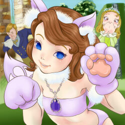 Rule 34 | 1boy, 2girls, amulet, animal ears, bikini, blonde hair, blue eyes, blue jacket, blue shirt, blush, bow, bowtie, brown bow, brown bowtie, brown hair, cat ears, cat girl, cat tail, closed eyes, covered mouth, disney, dress, earrings, father and daughter, flat chest, formal, fur armlet, fur collar, gloves, green dress, grin, handkerchief, jacket, jewelry, king roland ii, long hair, long sleeves, looking at viewer, multiple girls, necklace, oira wa arumajiro, paw gloves, princess amber, purple bikini, purple gloves, shirt, short hair, siblings, sisters, smile, sneezing, sofia (disney), sofia the first, suit, surprised, swimsuit, tail, teeth, tiara