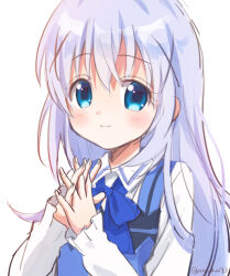 Rule 34 | 1girl, blue bow, blue bowtie, blue eyes, blue hair, blue vest, blush, bow, bowtie, closed mouth, collared shirt, commentary request, dress shirt, flat chest, gochuumon wa usagi desu ka?, hair between eyes, hair ornament, hairclip, interlocked fingers, kafuu chino, light blue hair, long hair, long sleeves, looking at viewer, mozukun43, own hands together, rabbit house uniform, shirt, sidelocks, simple background, smile, solo, twitter username, upper body, vest, white background, white shirt, x hair ornament