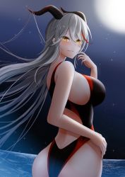 Rule 34 | 1girl, aegir (azur lane), alternate costume, arm up, azur lane, black one-piece swimsuit, blush, breasts, competition swimsuit, dragon horns, feet out of frame, from side, grey hair, hand on own hip, highres, horns, long hair, looking at viewer, multicolored hair, night, night sky, ocean, one-piece swimsuit, open mouth, orange eyes, parted lips, sideboob, sky, smile, solo, standing, star (sky), starry sky, streaked hair, swimsuit, thighs, water, yumeneko nyaa