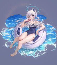 Rule 34 | 1girl, barefoot, blue archive, blue eyes, blue halo, blue one-piece swimsuit, blue ribbon, breasts, cellphone, closed mouth, commentary, facing viewer, frilled one-piece swimsuit, frills, grey background, grey hair, hair ribbon, halo, han keshi chao mang de, hand up, highres, holding, holding phone, innertube, long hair, looking ahead, lying, miyako (blue archive), miyako (swimsuit) (blue archive), ocean, off-shoulder one-piece swimsuit, off shoulder, official alternate costume, on back, one-piece swimsuit, phone, ponytail, ribbon, small breasts, smartphone, solo, swim ring, swimsuit, two-tone one-piece swimsuit, wet, wet clothes, wet swimsuit, white innertube