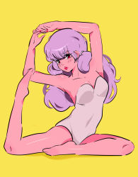 Rule 34 | 1girl, arms up, barefoot, breasts, cleavage, colored skin, fingernails, full body, highres, leotard, light purple hair, lips, long hair, low twintails, medium breasts, nail polish, original, pink skin, red eyes, red nails, simple background, solo, stephanie priscilla, twintails, yellow background
