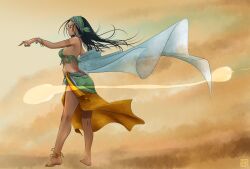 Rule 34 | 1girl, absurdres, anklet, arabian clothes, arm tattoo, bare shoulders, barefoot, black hair, breasts, brown background, feet, fingernails, gradient background, gypsy, gypsy (ragnarok online), highres, jewelry, long hair, looking to the side, medium breasts, original, sandstorm, sharp fingernails, solo, tan, tassel, tattoo, very long fingernails, yellow background