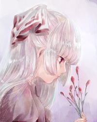 Rule 34 | 1girl, bad id, bad pixiv id, bow, closed mouth, crying, flower, from side, fujiwara no mokou, hair bow, hair ribbon, highres, holding, holding flower, long hair, mokoiscat, plant, red eyes, ribbon, shirt, silver hair, simple background, solo, teardrop, tears, touhou, upper body, very long hair, white shirt