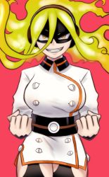 Rule 34 | 1girl, absurdres, artist request, belt, black belt, black mask, black thighhighs, boku no hero academia, breasts, burnin (boku no hero academia), buttons, claws, clenched hands, clenched teeth, collared dress, crazy eyes, domino mask, double-breasted, dress, eyebrows visible through mask, eyelashes, facing viewer, fangs, female focus, fiery hair, fighting stance, fire, fire extinguisher, gradient hair, green hair, grin, hair between eyes, hairband, hands up, highres, kamiji moe, large breasts, legs, long hair, long sleeves, looking at viewer, mask, multicolored hair, neck, red background, short dress, side slit, sidelocks, simple background, smile, standing, teeth, thigh strap, thighhighs, thighs, thighs together, tight clothes, tight dress, white dress, yellow eyes