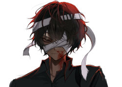 Rule 34 | 1boy, absurdres, bandage over one eye, bandaid, bandaid on face, black eyes, black hair, black shirt, blood, blood on face, bungou stray dogs, closed mouth, dazai osamu (bungou stray dogs), expressionless, hair between eyes, highres, looking at viewer, mafia, male focus, shirt, short hair, simple background, solo, white background, ya ta