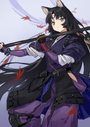 Rule 34 | 1girl, absurdres, animal ears, arknights, autumn leaves, black hair, black kimono, blush, bracelet, brown eyes, closed mouth, dog ears, dog girl, elbow gloves, facial mark, feet out of frame, fingerless gloves, forehead mark, gloves, highres, hip vent, holding, holding weapon, japanese clothes, jewelry, kimono, kyo (krokikyon), leaf, long hair, long sleeves, looking at viewer, maple leaf, pants, parted bangs, puffy long sleeves, puffy sleeves, purple gloves, purple pants, saga (arknights), smile, solo, standing, tasuki, very long hair, weapon