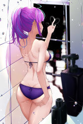 Rule 34 | 1girl, absurdres, ahoge, ass, back, bare arms, bare back, bare shoulders, bikini, blue hair, blunt bangs, breasts, butt crack, city lights, colored inner hair, cowboy shot, cqingwei, duplicate, from behind, glass writing, heart, highres, hololive, indoors, long hair, medium breasts, minato aqua, multicolored hair, night, ponytail, purple bikini, purple hair, sideboob, sidelocks, solo, streaked hair, swimsuit, two-tone hair, virtual youtuber, water, wet, window