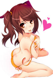 Rule 34 | 1girl, :p, arched back, ass, atlus, bare shoulders, barefoot, bikini, blush, breast hold, breasts, brown eyes, brown hair, butt crack, cleavage, covering privates, covering breasts, from above, heart, kujikawa rise, long hair, looking up, orange bikini, persona, persona 4, side-tie bikini bottom, simple background, sitting, smile, solo, swimsuit, tongue, tongue out, twintails, undressing, wariza, yuri (purinlove)