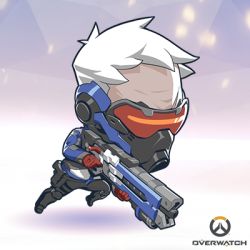 Rule 34 | 1boy, artist request, chibi, copyright name, gloves, gun, lowres, male focus, mask, official art, overwatch, overwatch 1, short hair, soldier: 76 (overwatch), solo, weapon, white hair