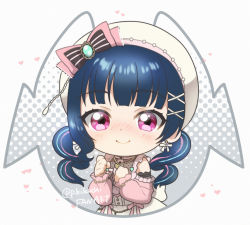 Rule 34 | 1girl, artist name, artist request, beret, blue hair, blush, chibi, detached sleeves, dress, earrings, female focus, happy birthday, hat, heart, heart necklace, jewelry, kikuchi mataha, long hair, looking at viewer, love live!, love live! sunshine!!, multicolored hair, necklace, pink ribbon, purple eyes, ribbon, sleeveless, sleeveless dress, solo, tsushima yoshiko, twintails, upper body, white dress