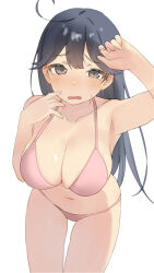 Rule 34 | 1girl, ahoge, bikini, black hair, breasts, brown eyes, cleavage, commentary request, kantai collection, large breasts, leaning forward, navel, pink bikini, sakieko, simple background, solo, swimsuit, ushio (kancolle), white background