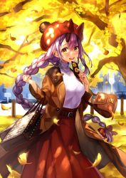 Rule 34 | 1girl, alternate costume, autumn leaves, bag, belt, belt buckle, blonde hair, blush, bow, braid, breasts, brown coat, buckle, casual, coat, comeo (komeo15), dappled sunlight, day, falling leaves, fate/grand order, fate (series), feet out of frame, ginkgo leaf, hair bow, handbag, hands up, hat, highres, holding, horns, jewelry, leaf, long hair, long skirt, long sleeves, looking at viewer, medium breasts, oni horns, open clothes, open coat, outdoors, park, purple hair, red bow, red hat, red skirt, ring, round teeth, shirt, shopping bag, single braid, skirt, solo, sunlight, teeth, tomoe gozen (fate), tree, upper teeth only, very long hair, white shirt