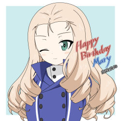 Rule 34 | 1girl, ;), arms behind back, bc freedom military uniform, birthday, blonde hair, blue background, blue jacket, blue vest, character name, closed mouth, dated, dress shirt, drill hair, girls und panzer, green eyes, happy birthday, high collar, highres, ichinose jun, jacket, long hair, long sleeves, looking at viewer, marie (girls und panzer), military uniform, one eye closed, shirt, smile, solo, uniform, vest, white shirt