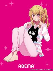 Rule 34 | 1girl, barefoot, blonde hair, blush, clenched teeth, company name, copyright notice, crossed ankles, drawstring, feet, fingers to cheeks, half updo, highres, hirayama kanna, hood, hoodie, hoshino ruby, knees up, looking at viewer, official art, oshi no ko, pajamas, pink background, pink pajamas, ponytail, red eyes, simple background, sitting, smile, solo, sparkle, star (symbol), star in eye, striped clothes, striped hoodie, stuffed animal, stuffed toy, symbol in eye, teeth, toes