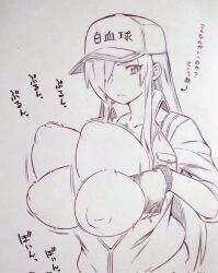 Rule 34 | 1girl, bouncing breasts, breasts, breasts out, closed mouth, commentary request, corrupted twitter file, expressionless, fingerless gloves, gloves, hair over one eye, hat, hataraku saibou, highres, inverted nipples, jacket, large breasts, long hair, long sleeves, looking at viewer, monochrome, motion lines, nipples, open clothes, presenting, solo, standing, traditional media, tsukareta san, u-1196, very long hair, white blood cell (hataraku saibou)