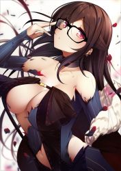 Rule 34 | 1girl, absurdres, adjusting eyewear, bare shoulders, black-framed eyewear, black choker, black dress, black gloves, breasts, brown hair, center opening, choker, cleavage, closed mouth, collarbone, commentary request, dress, ear piercing, earrings, elbow gloves, fate/grand order, fate (series), fur-trimmed jacket, fur collar, fur trim, glasses, gloves, hair between eyes, hair spread out, hand on eyewear, hand up, head tilt, highres, jacket, jewelry, large breasts, long hair, looking at viewer, multiple earrings, navel, netarou, parted lips, piercing, red eyes, revealing clothes, ribbon-trimmed dress, side-tie dress, sidelocks, simple background, solo, stomach, strapless, strapless dress, teeth, underboob, very long hair, white background, yu mei-ren (fate), yu mei-ren (first ascension) (fate)