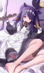 Rule 34 | 1girl, absurdres, apron, barefoot, black dress, blush, cookie, curry bowl, dress, feet, food, gloves, highres, hololive, hololive english, long hair, looking at viewer, mole, mole under eye, mouth hold, ninomae ina&#039;nis, ninomae ina&#039;nis (6th costume), official alternate costume, pointy ears, purple eyes, purple hair, tentacle hair, virtual youtuber, white apron, white gloves