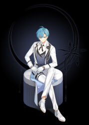 Rule 34 | 1boy, :/, ahoge, arm on thigh, belt, black background, black flower, black sash, blue eyes, blue hair, closers, crescent, cross tie, crossed legs, ear ornament, flower, full body, gloves, hair between eyes, highres, jacket, long jacket, long sleeves, looking at viewer, nata (closers), official art, on chair, oxfords, pants, purple vest, sash, shirt, shoulder sash, sitting, solo, striped clothes, striped vest, tachi-e, thigh belt, thigh strap, vertical-striped clothes, vertical-striped vest, vest, white gloves, white jacket, white pants, white shirt
