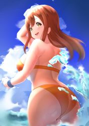 Rule 34 | 1girl, absurdres, artist name, artist request, bare shoulders, bikini, blue sky, blue wristband, blush, breasts, brown eyes, brown hair, cloud, day, female focus, floating hair, from behind, hair between eyes, hand on own head, highres, kunikida hanamaru, large breasts, light brown hair, long hair, looking at viewer, looking back, love live!, love live! sunshine!!, open mouth, outdoors, parted lips, sideboob, sky, smile, solo, swimsuit, wavy hair, wristband, yellow bikini, yellow eyes