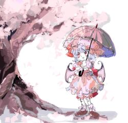 Rule 34 | 1girl, :d, bat wings, blush stickers, bow, cherry blossoms, dress, falling petals, footwear bow, frilled dress, frilled hat, frills, full body, full lake, hat, holding, holding umbrella, looking up, mob cap, open mouth, petals, pink bow, pink dress, pink hat, puffy short sleeves, puffy sleeves, purple hair, red eyes, remilia scarlet, shoes, short sleeves, shorts, sketch, smile, solo, standing, touhou, tree, umbrella, white background, wings