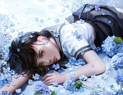 Rule 34 | 1girl, black eyes, black hair, blue flower, blurry, brown eyes, closed mouth, commentary, depth of field, english commentary, expressionless, flower, highres, joowon, looking at viewer, lying, on stomach, original, sailor collar, school uniform, shadow, short hair, short sleeves, sideways glance, skirt, solo