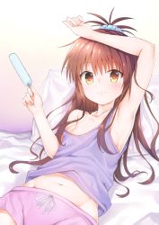 Rule 34 | 1girl, absurdres, arm on own head, arm up, armpits, bad id, bad pixiv id, beads, bed, breasts, brown eyes, brown hair, food, hair beads, hair ornament, highres, kerun, long hair, lying, midriff, navel, on back, pillow, pink shorts, popsicle, purple tank top, short shorts, shorts, small breasts, solo, strap slip, tank top, to love-ru, to love-ru darkness, topknot, upper body, yuuki mikan