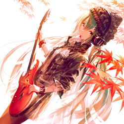 Rule 34 | 1girl, autumn leaves, beanie, black pantyhose, closed mouth, denim, denim jacket, dutch angle, electric guitar, garuku, green hair, guitar, hair between eyes, hair ornament, hairclip, hat, hatsune miku, headphones, highres, holding, holding instrument, instrument, jacket, leaf, long hair, looking at viewer, maple leaf, mouth hold, open clothes, open jacket, outdoors, pantyhose, pleated skirt, plectrum, skirt, solo, twintails, very long hair, vocaloid