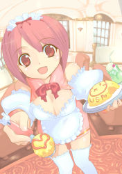 Rule 34 | 1girl, a-walk, apron, blush, breasts, cleavage, cocktail, feeding, food, foreshortening, frilled thighhighs, frills, fujishima-sei ichi-gou, highres, open mouth, original, pink hair, pov, red eyes, short hair, solo, spoon, thighhighs, tray, waitress, white thighhighs, zettai ryouiki