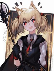 Rule 34 | 1girl, :d, animal ears, arknights, black gloves, blonde hair, cape, character name, gloves, kky, looking at viewer, necktie, open mouth, polearm, red eyes, red necktie, smile, solo, sora (arknights), twintails, twitter username, upper body, weapon