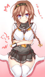 Rule 34 | 10s, 1girl, between breasts, black gloves, blue eyes, blush, braid, breasts, buttons, clothes writing, commentary request, corset, crossed arms, gloves, hachimaki, hair between eyes, hair ornament, hairband, headband, kantai collection, large breasts, light brown hair, long hair, looking at viewer, miniskirt, multicolored clothes, multicolored gloves, neckerchief, pleated skirt, propeller hair ornament, sakurapochi, school uniform, serafuku, short sleeves, sitting, skirt, solo, teruzuki (kancolle), thighhighs, twin braids, wavy mouth, white gloves, white thighhighs