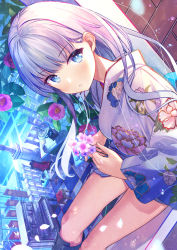 Rule 34 | 1girl, atori, blue eyes, boots, chair, dutch angle, floral print, flower, grand piano, highres, holding, holding flower, instrument, japanese clothes, kimono, long hair, long sleeves, looking at viewer, original, parted lips, piano, purple flower, short kimono, silver hair, sitting, solo, stool, table, thighs, tile floor, tiles
