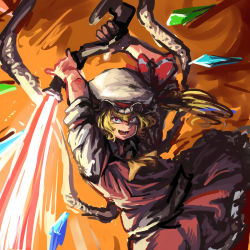 Rule 34 | &gt;:d, 1girl, :d, arms up, bat wings, blonde hair, chanta (ayatakaoisii), crystal, flaming sword, flaming weapon, flandre scarlet, hat, hat ribbon, highres, holding, holding weapon, looking at viewer, mob cap, open mouth, red eyes, ribbon, side ponytail, skirt, skirt set, smile, solo, sword, touhou, v-shaped eyebrows, weapon, wings