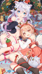 Rule 34 | 2girls, :3, :d, absurdres, ahoge, angel wings, animal ear fluff, animal ears, ass, bare shoulders, barefoot, bell, black bow, blue eyes, blush, bow, box, braid, breasts, brown eyes, brown hair, candy, cat ears, catxuan, christmas, condom, crop top, crossed bangs, detached sleeves, fang, food, frilled panties, frilled sleeves, frills, gift, gift box, hair bell, hair between eyes, hair bow, hair ornament, hand on another&#039;s thigh, hat, heart, heart-shaped pupils, highres, hood, hooded jacket, jacket, kneehighs, lollipop, long hair, long sleeves, lying, merry christmas, mini hat, multicolored hair, multiple girls, navel, on side, open clothes, open jacket, open mouth, original, panties, parted lips, pink hair, pink ribbon, pink shirt, pink skirt, red ribbon, ribbon, ribbon-trimmed shirt, santa hat, sarashi, sex toy, shirt, skirt, skirt set, sleeveless, sleeveless shirt, small breasts, smile, socks, stomach, stuffed chicken, symbol-shaped pupils, take your pick, twin braids, two-tone hair, underwear, very long hair, vibrator, virtual youtuber, white hair, white panties, wings, x hair ornament, zipper