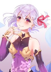 Rule 34 | 1girl, bare shoulders, breasts, elbow gloves, eyebrows hidden by hair, fate/grand order, fate (series), gloves, grey hair, hair between eyes, hair ribbon, highres, hizuki higure, jewelry, kama (fate), kama (first ascension) (fate), looking at viewer, red eyes, ribbon, ring, short hair, smile, solo, upper body