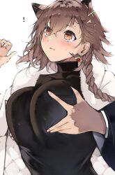 Rule 34 | !, 1girl, animal ears, arknights, black sweater, blush, braid, breasts, closed mouth, commentary, extra ears, fur-trimmed jacket, fur trim, grabbing, grabbing another&#039;s breast, hair ornament, highres, jacket, kyuu (plastic night q), large breasts, looking ahead, looking up, mole, mole above eye, official alternate costume, orange eyes, paid reward available, penance (arknights), penance (occasionally flushed) (arknights), simple background, single braid, sweat, sweater, symbol-only commentary, turtleneck, turtleneck sweater, upper body, white background, white jacket, wolf ears, wolf girl