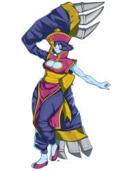 Rule 34 | 1girl, blue skin, breasts, claws, cleavage cutout, clothing cutout, colored skin, el pollo con barba, hat, highres, large breasts, lei lei, pants, purple hair, short hair, sleeveless, sleeves past wrists, vampire (game)