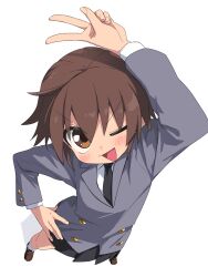 Rule 34 | 1girl, arm up, black necktie, black skirt, brown eyes, brown footwear, brown hair, buttons, commentary, fisheye, from above, full body, grey vest, hand up, highres, kill me baby, loafers, long sleeves, looking at viewer, looking up, necktie, one eye closed, oribe yasuna, school uniform, shirt, shoes, short hair, simple background, skirt, socks, solo, triangle mouth, v, v-shaped eyebrows, vest, white background, white shirt, white socks, yachima tana