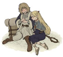 Rule 34 | 2girls, absurdres, backpack, bag, belt, blonde hair, blue capelet, blue coat, blue robe, boots, braid, brown belt, brown footwear, capelet, choker, closed eyes, coat, dress, dungeon meshi, elf, falin touden, french braid, green eyes, grey shirt, highres, insect on hand, light blush, long hair, ma2 ereki, marcille donato, medium hair, multiple girls, on ground, open clothes, open coat, open mouth, pants, pointing, pointy ears, red choker, red ribbon, ribbon, robe, sandals, shirt, sitting, sleeping bag, smile, staff, wariza, white background, white dress, white pants, wide sleeves, yuri