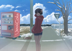 Rule 34 | 1girl, black hair, blue shorts, cloud, commentary request, cumulonimbus cloud, film grain, hand in own hair, hand in pocket, highres, hood, hood down, hooded jacket, inami hatoko, jacket, looking back, original, outdoors, power lines, red eyes, red jacket, road, road sign, shadow, short hair, shorts, sign, snow, solo, standing, utility pole, vending machine